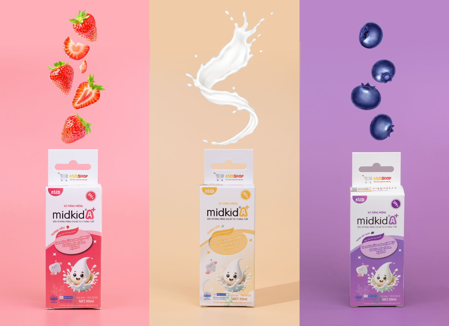 Xịt Midkid A+ 3 hương vị Dâu Việt Quất Sữa