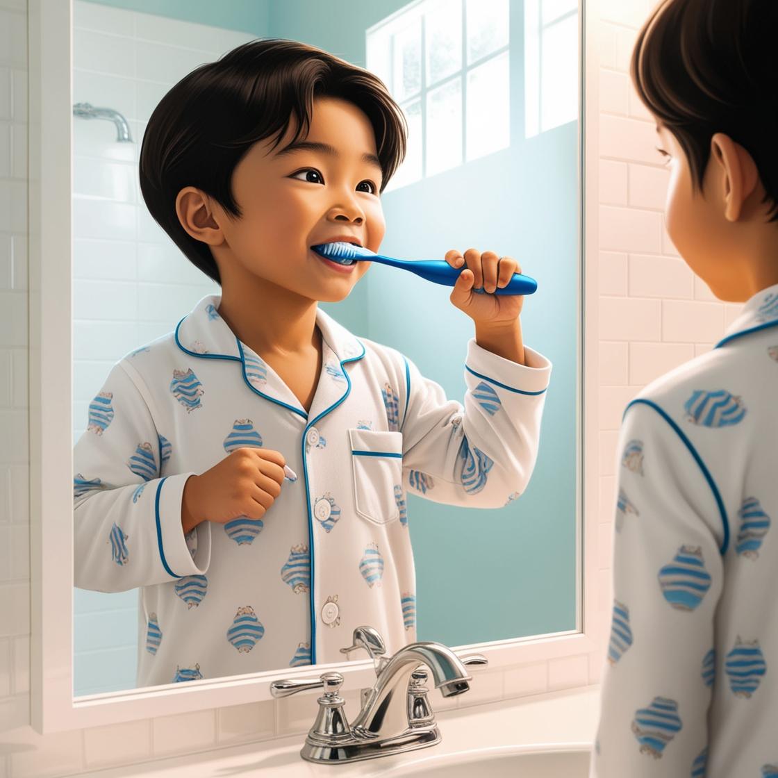 a trẻ đang đánh răng trong nhà tắm, đứng trước gương