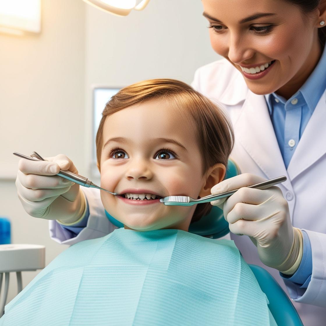 một đứa trẻ đang trám răng tại nha khoa bởi 1 bác sĩ
