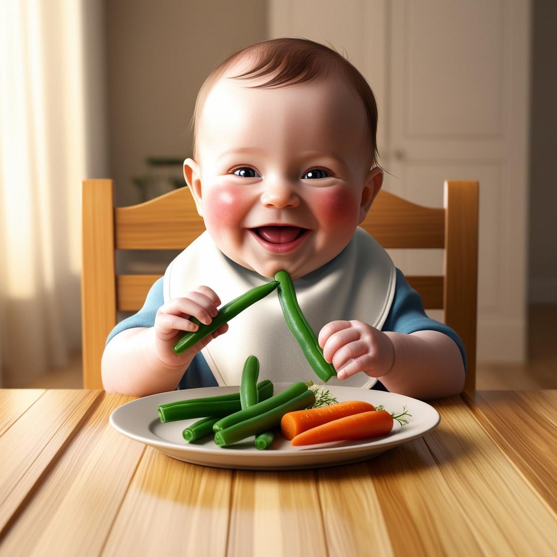 một em bé đang ăn rau ở bàn ăn, phiên bản chân thật